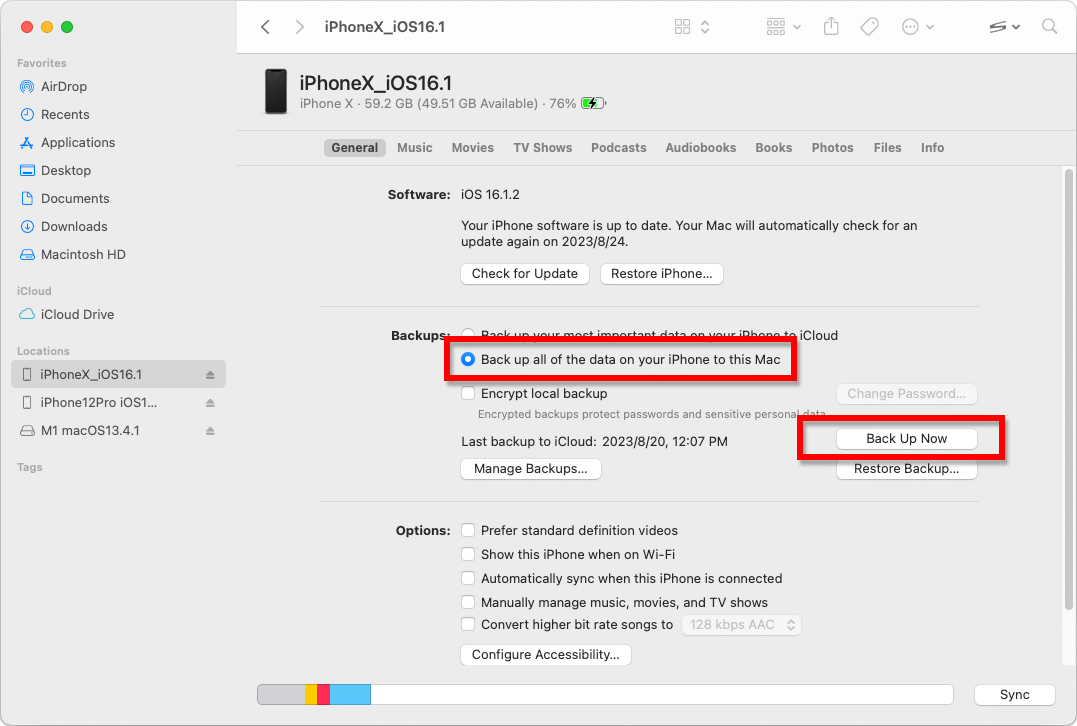 Hacer una copia de seguridad del iPhone o iPad usando Finder