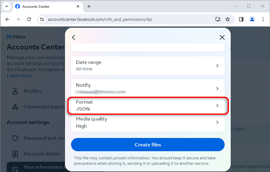 Cambie el formato a JSON y cambie el rango de datos y la calidad de los medios